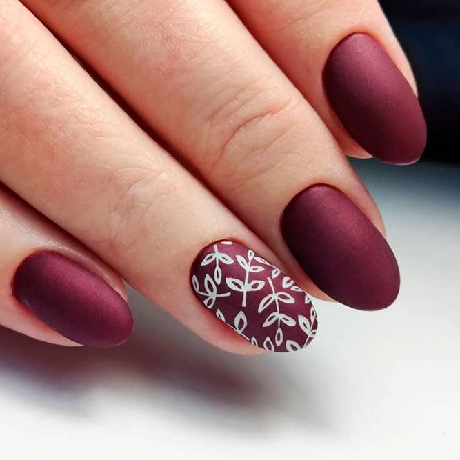 Burgundy Matte Nails With Flowers or Leaves Art