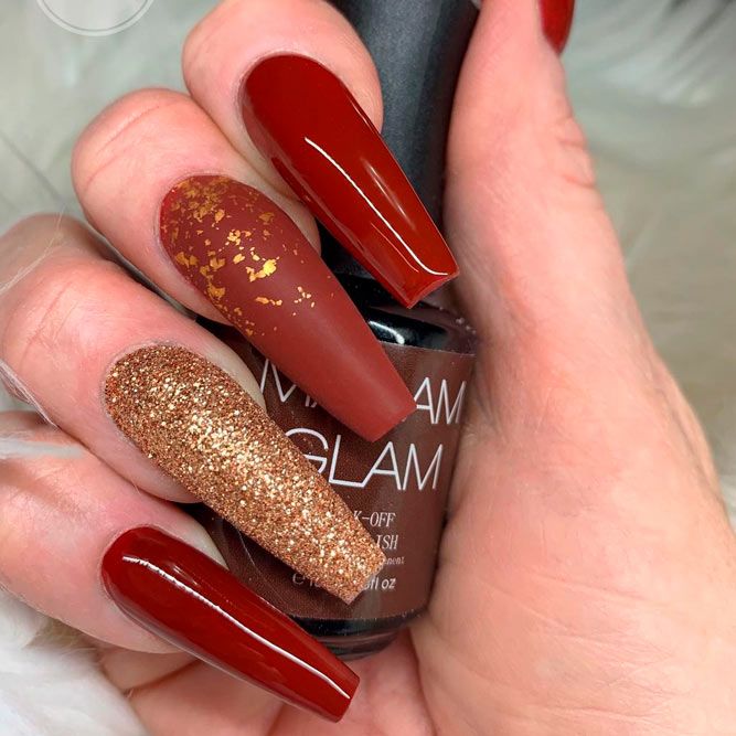 Burgundy Matte Nails with Gold Glitter