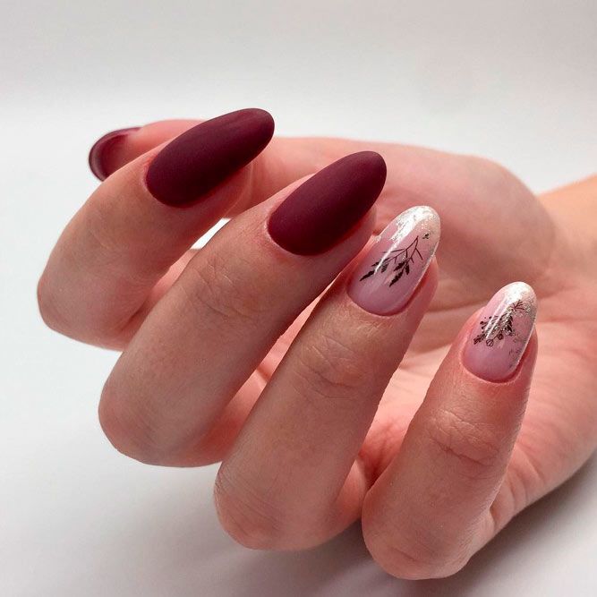 Burgundy Matte Nails With Leaves Art