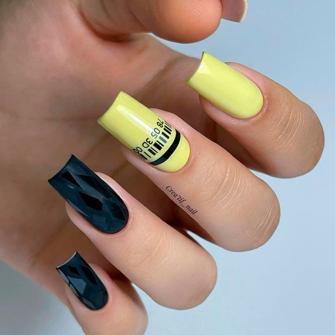 Black and Yellow Stylish Nails with Stickers