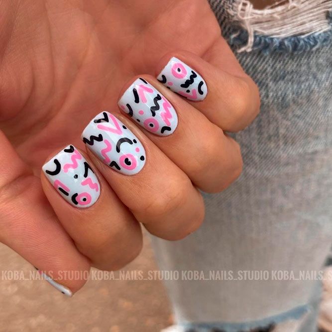Abstract Nails with Black And Pink Stripes