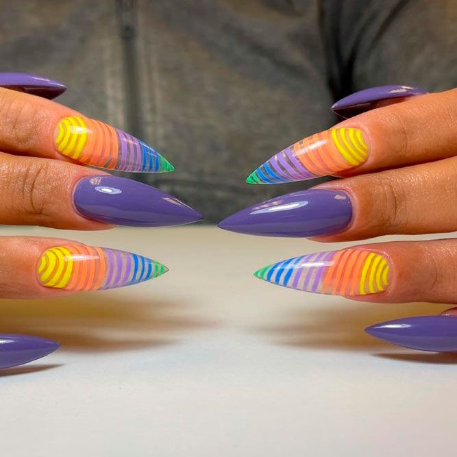 Long Nails With Neon Stripes