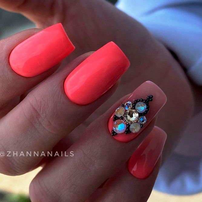 Peach Nails With Huge Rhinestones