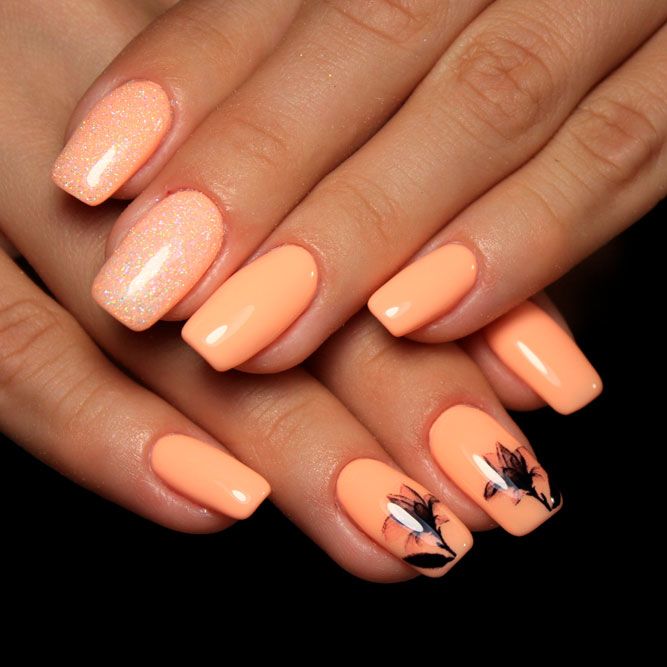 Peach Color Nails with Floral Art