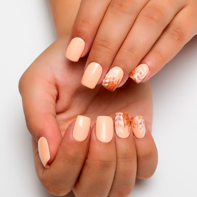 Peach Nails With Glitter Accent