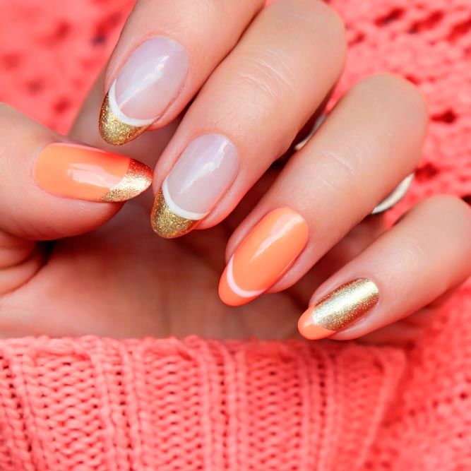 Peach Nails With Gold Glitter