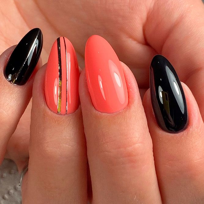 Peach Nails With Stripes Pattern