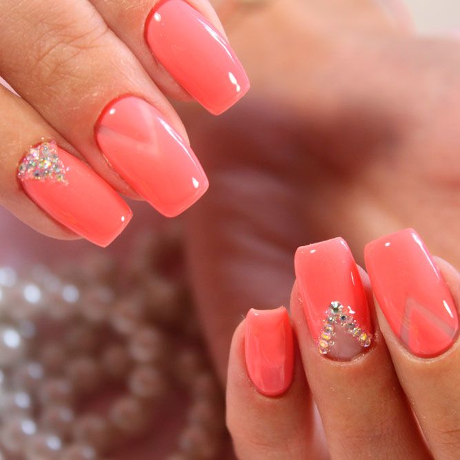 Peach Nails With Rhinestones