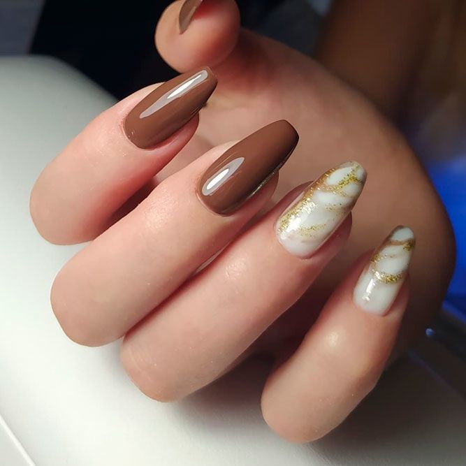 Chocolate Short Coffin Nails with Marble