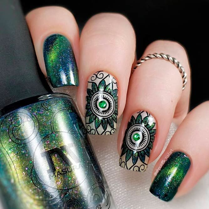 Modern Mandala Nail Art With Rhinestones And Glitter