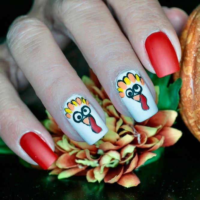 Hand Painted Turkeys for Funny Thanksgiving Nails