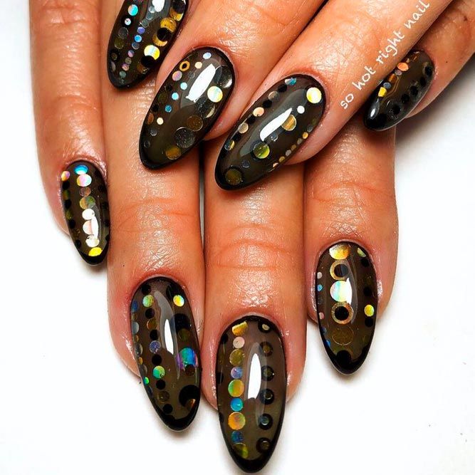 Dotted Black and Gold Nails