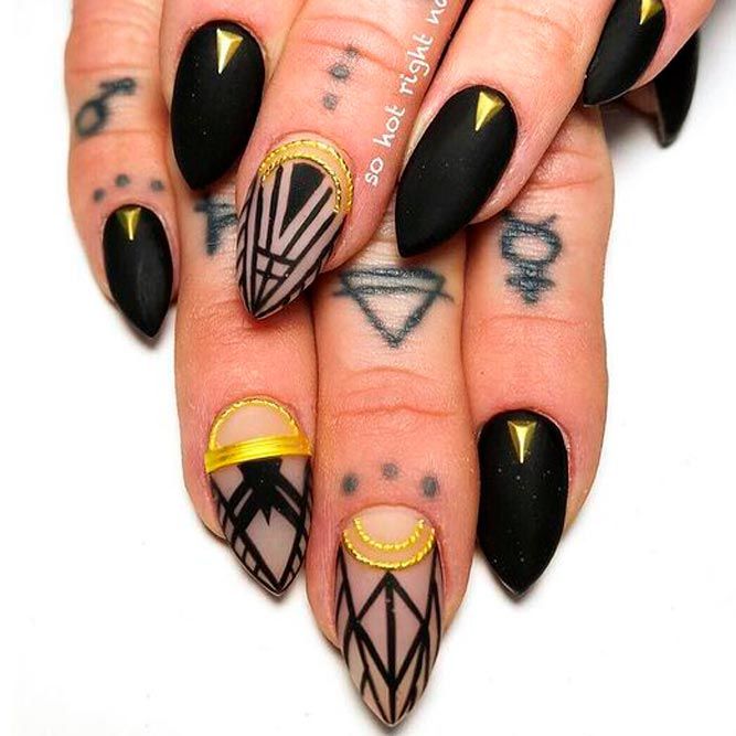 Matte Black and Gold Nails with Accents