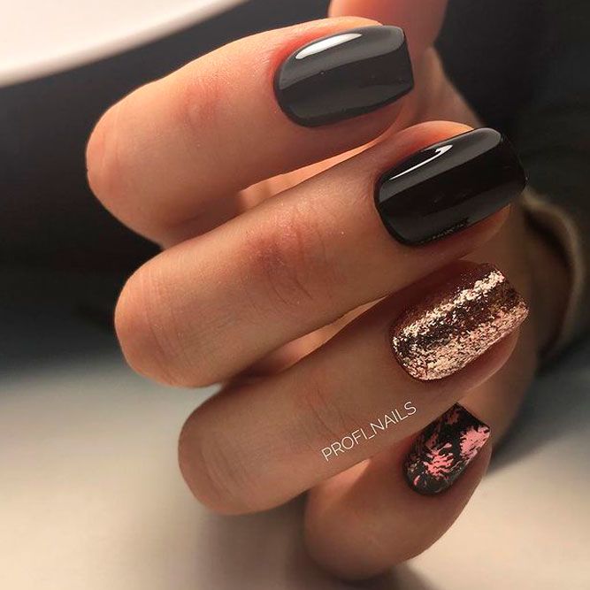 Black and Gold Nails with Glitter Accent