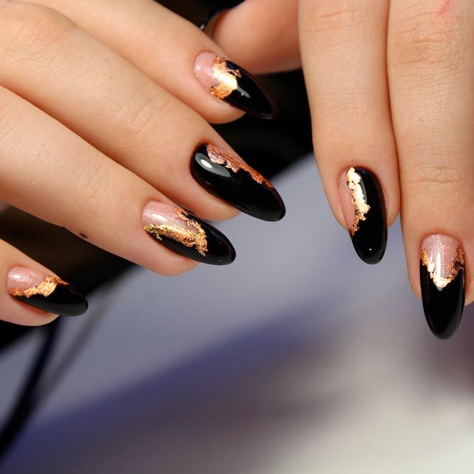 Black and Gold Nails with Glitter or Foil