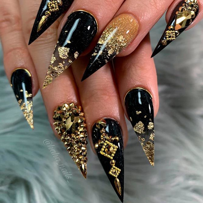 Black and Gold Stiletto Nails