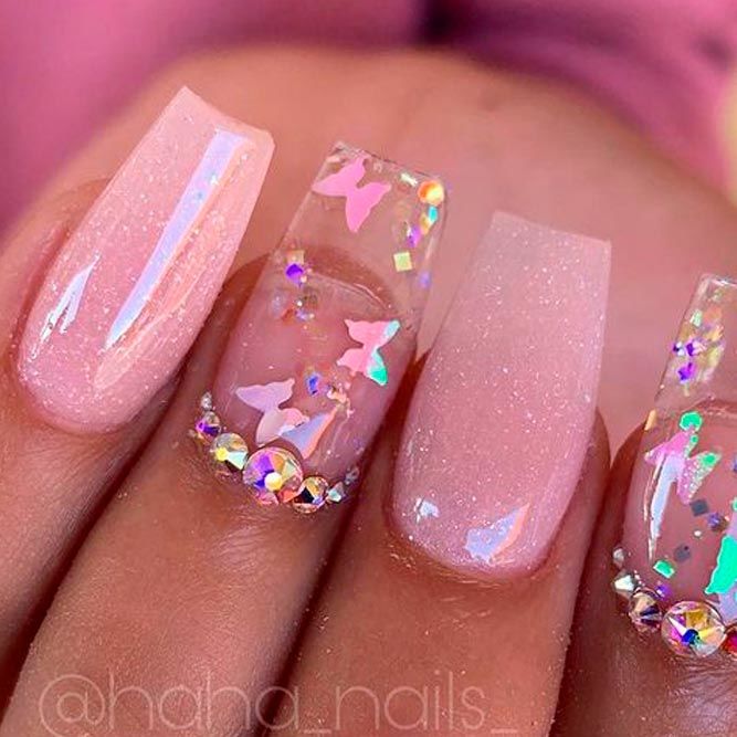 Pink Glittery Short Coffin Nails