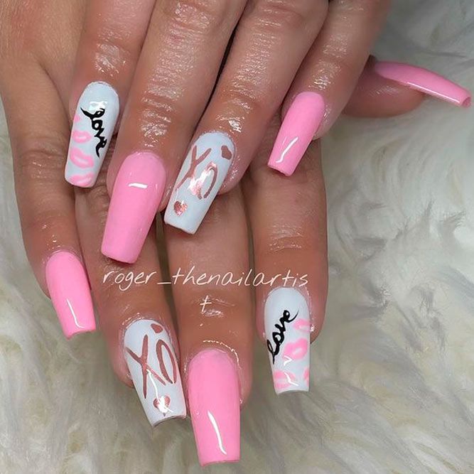 Pink and White Coffin Acrylic Nails