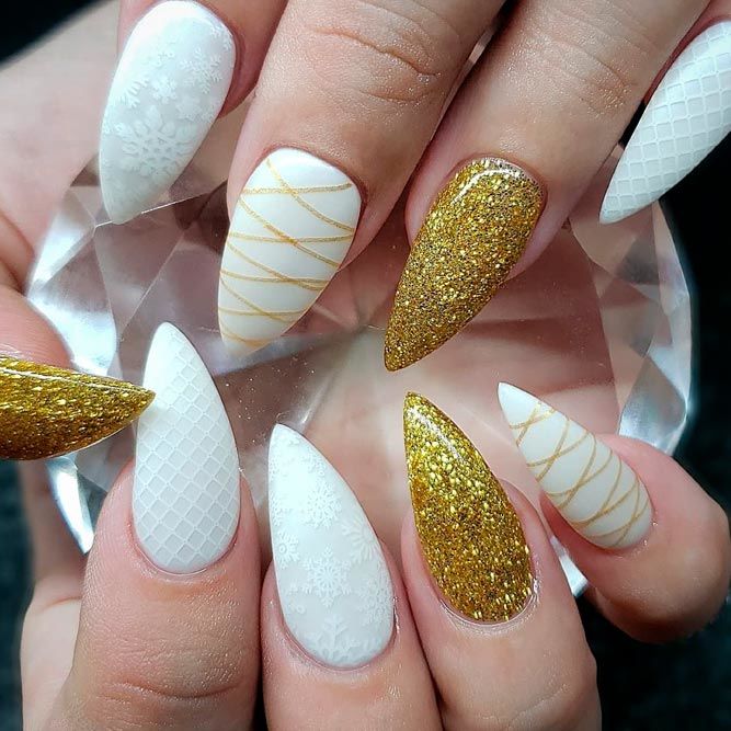 Gold and White Acrylic Nails