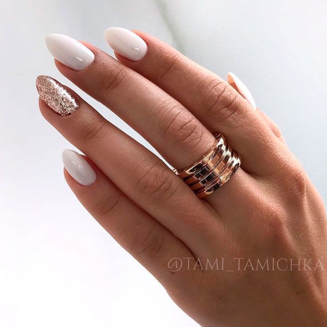 Alluring White Nails With Glitter Accent
