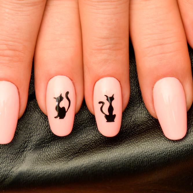 Pink Nude Mani With A Black Cat