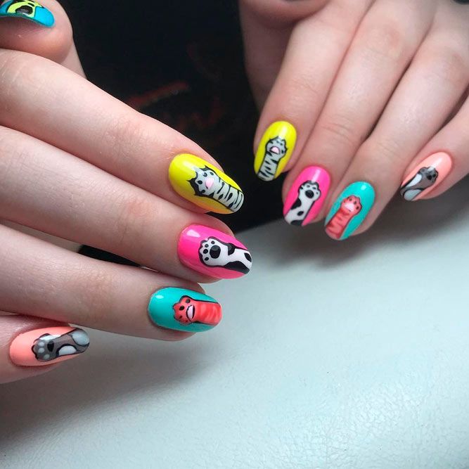 Colorful Cat Paws on Nails