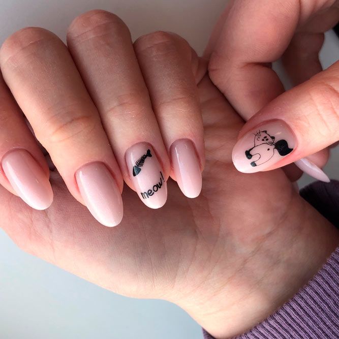 Nude Mani With A Black Funny Cat