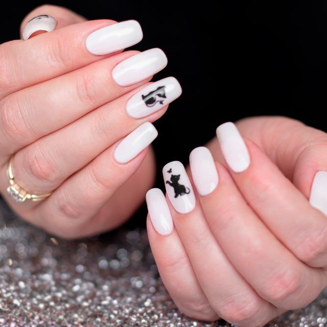 White Nails With A Cat Stamping Décor