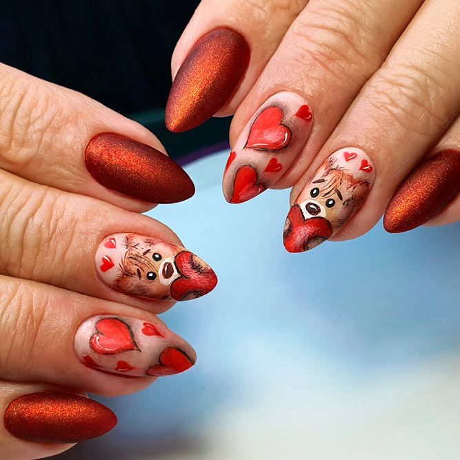 Valentines Day Nails with Cute Animals in Love