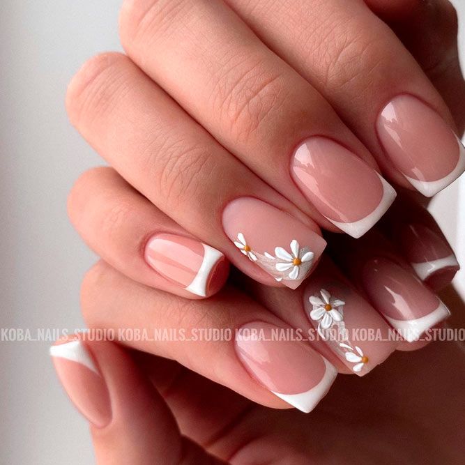 Pretty White Tip Nails with Flowers Design
