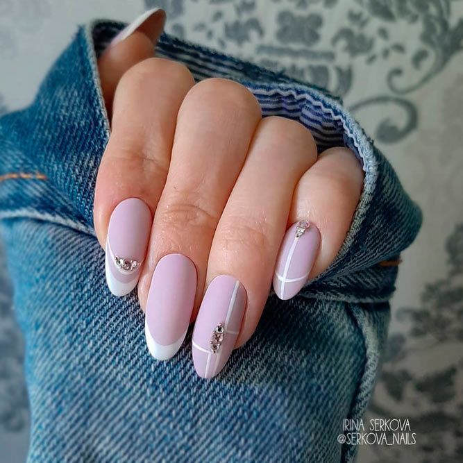 Matte French Tip Nails Designs with Rhinestones