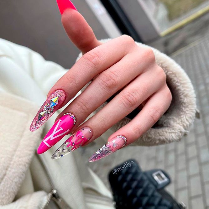 Pink Acrylic Nails with Rhinestones