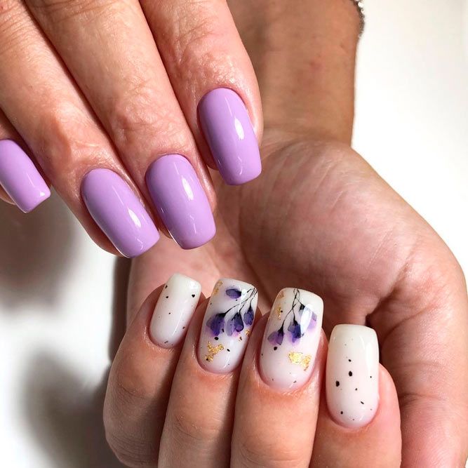 Lavender Color Nail With Beautiful Flowers Art