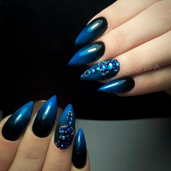 Black Stiletto Nails With Blue