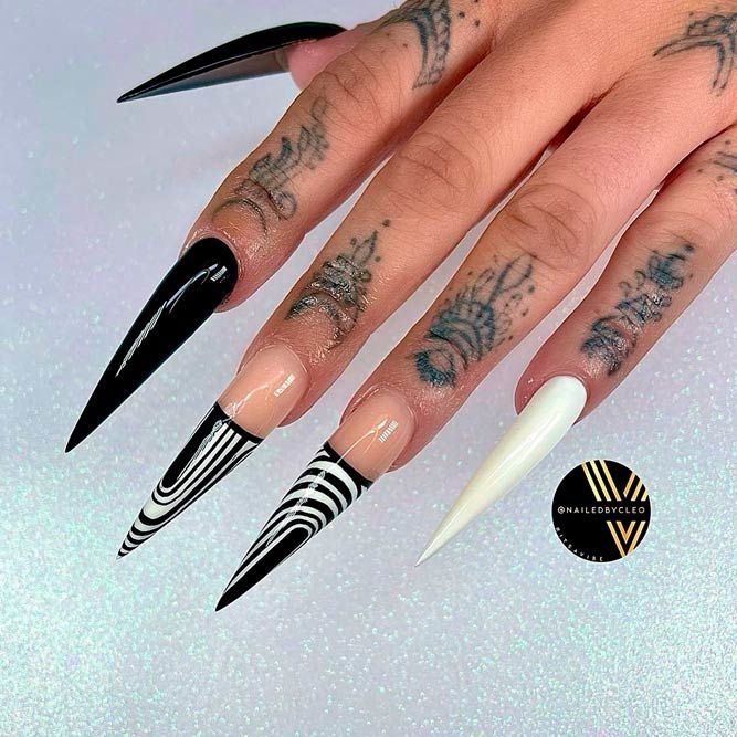 Black and White Long Stiletto Nails