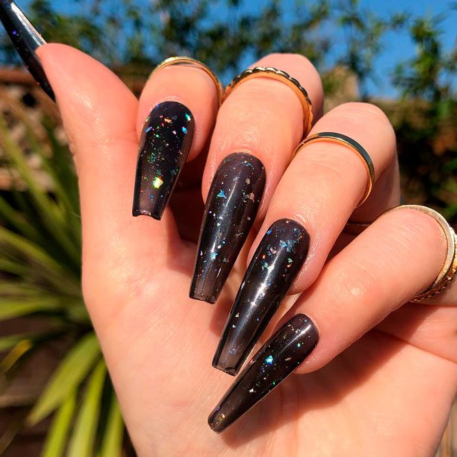 Shiny Coffin Black Acrylic Nails