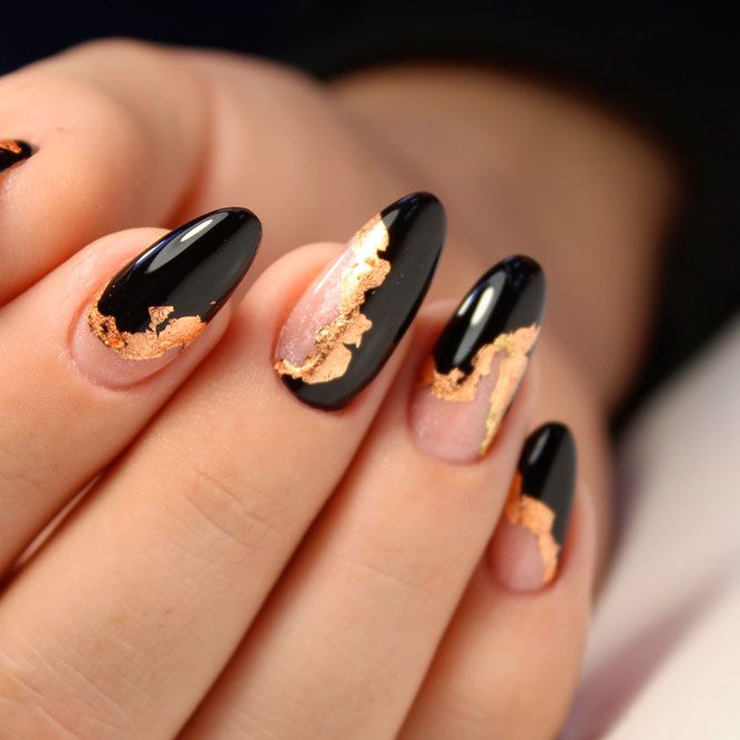 Black Acrylic Nails with Gold Foil