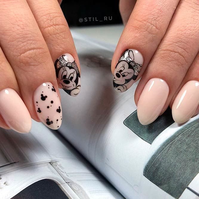 A Nude Color and Glitter Minnie Mouse Nails Design