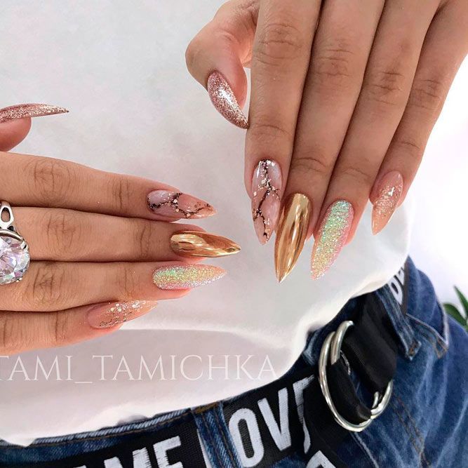 Nude Stiletto Nails With Gold Accent