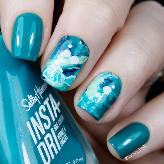 White And Teal Nails Art