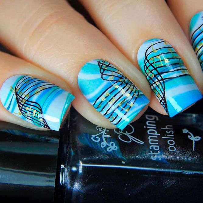 Teal Color And Black Nails