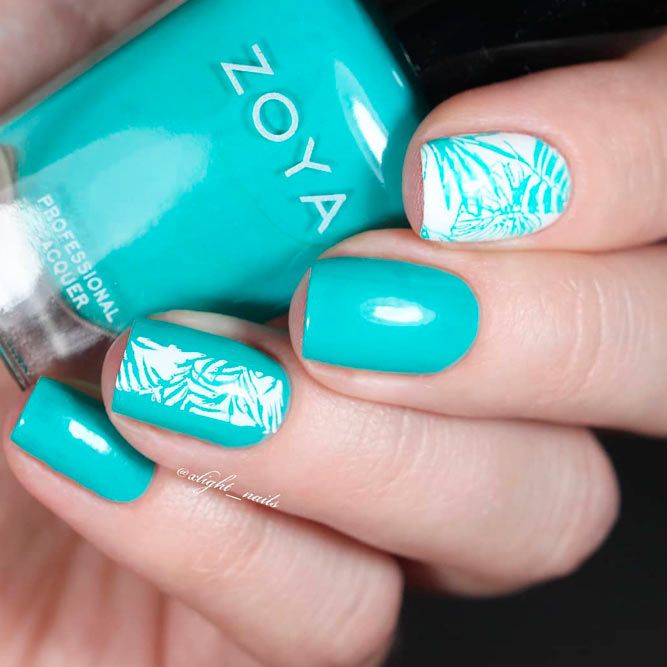 White And Teal Nails Designs