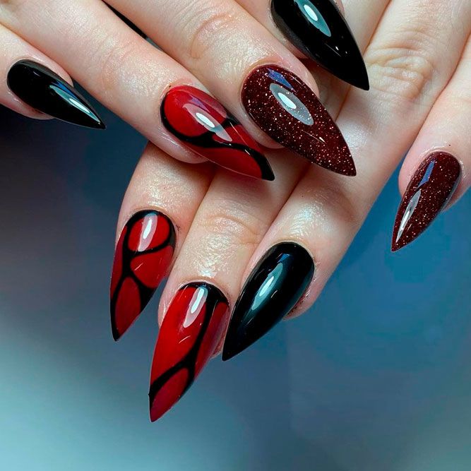 Amazon.com: Black Red Press on Nails Long Halloween Coffin Nails for  Women,Spider Web Design Stiletto Press Ons 48Pcs Fake Nails with Nail Glue  Tabs,Ballerina Full Cover False Nails Acrylic Artificial Nails :
