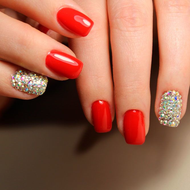 Short Red Nails With Rhinestones