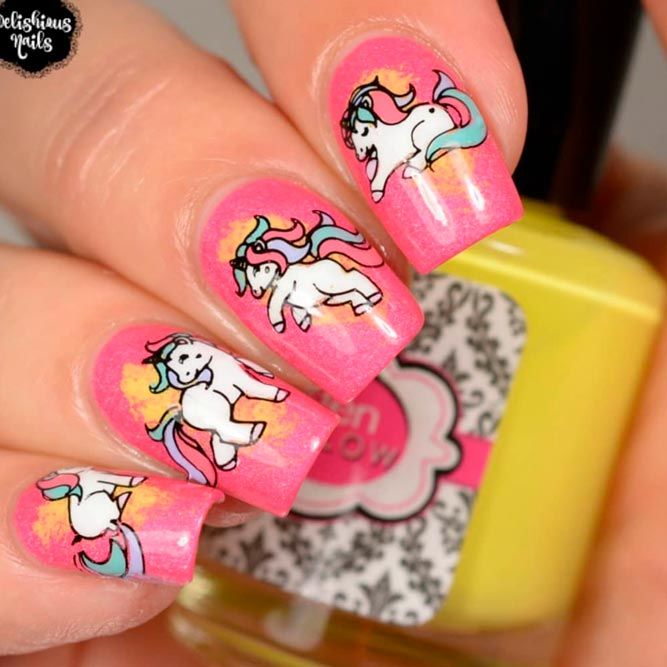 Cute Pink Nails With Unicorn Art