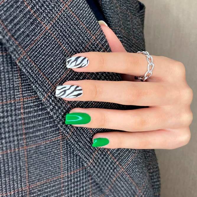 Dazzling Green With Zebra Pattern on Nails