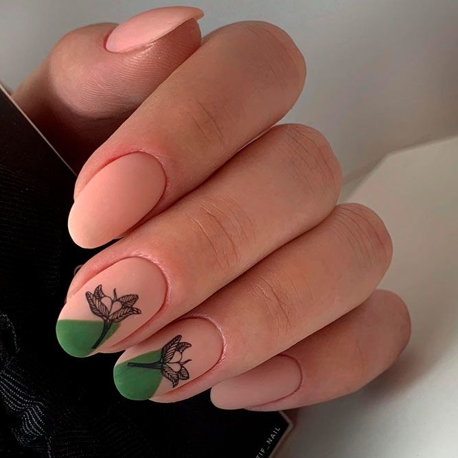 Nude Matte Nails with Green Color