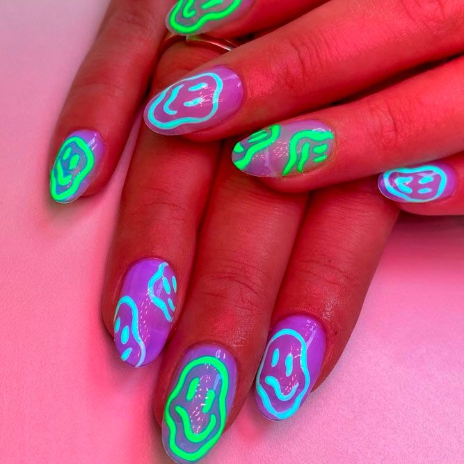 Abstract Designs On Glowing Dark Nails