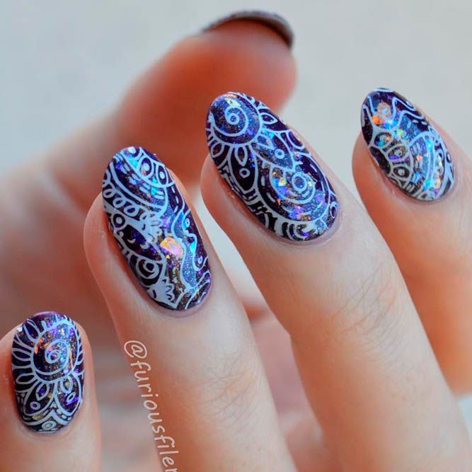 Mandala Designs Nails With White Stamping