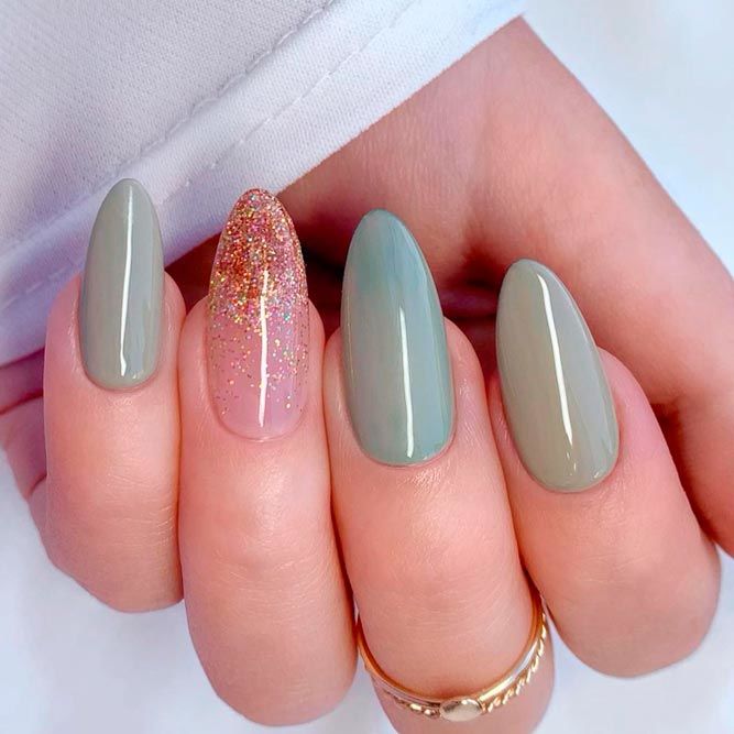 Sage Green Nails With Glitter Accent